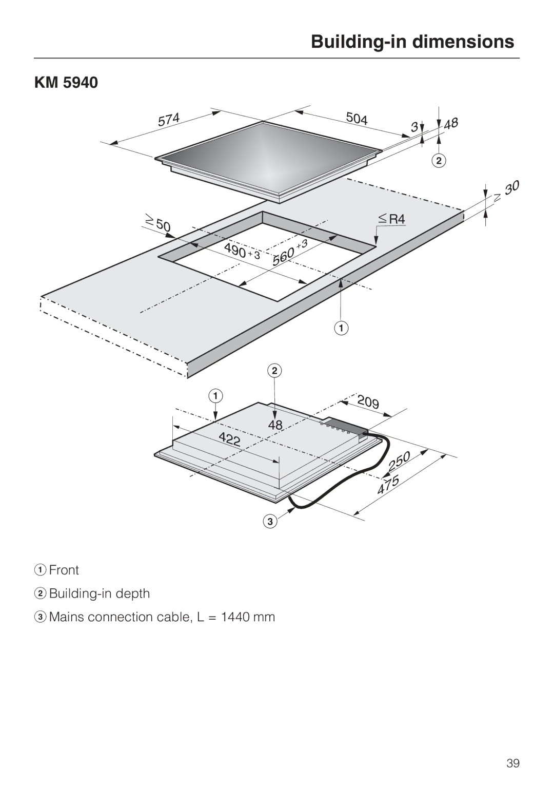 Miele KM 5950, KM 5940 installation instructions Building-in dimensions, 422 