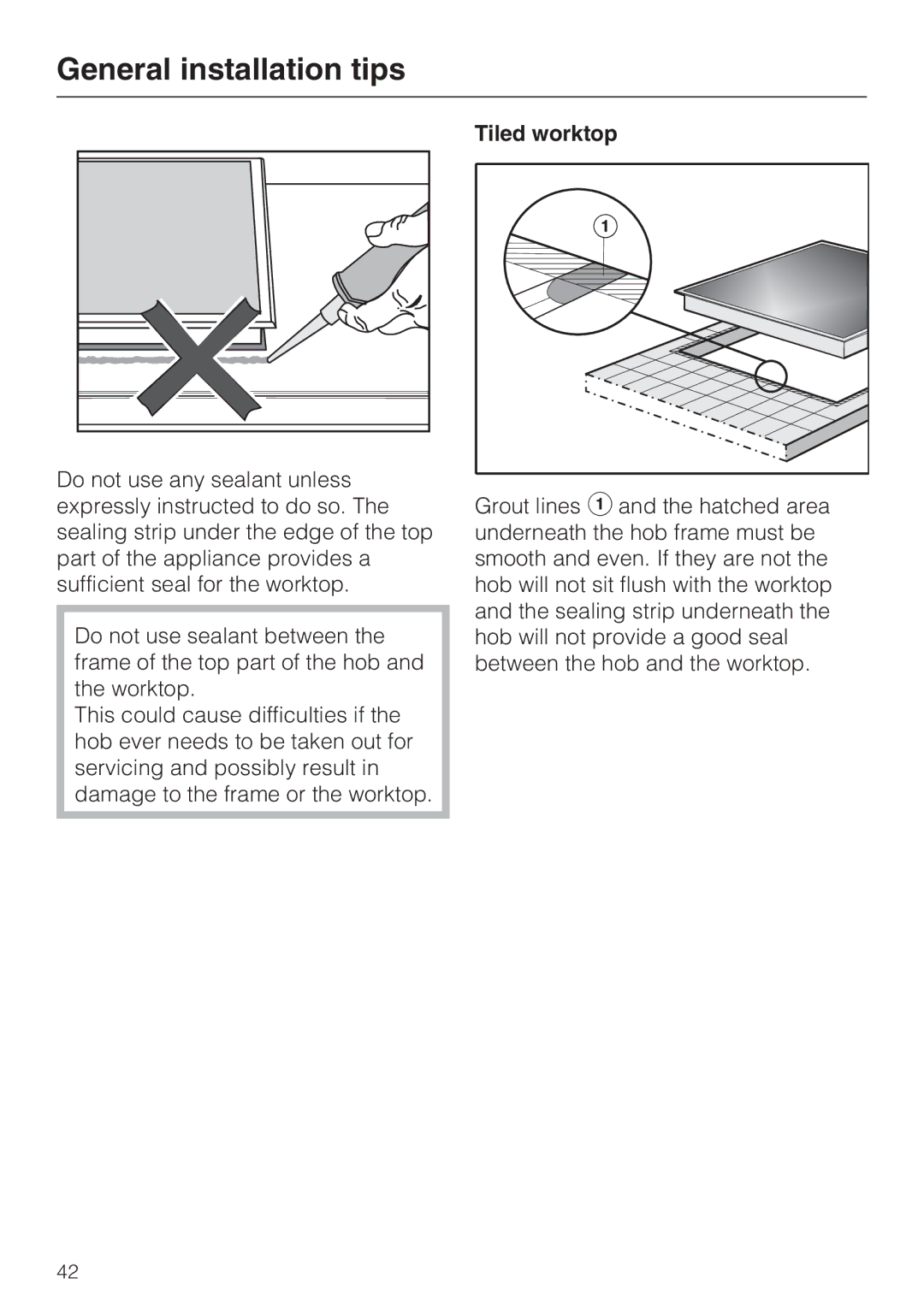 Miele KM 5940, KM 5950 installation instructions General installation tips, Tiled worktop 