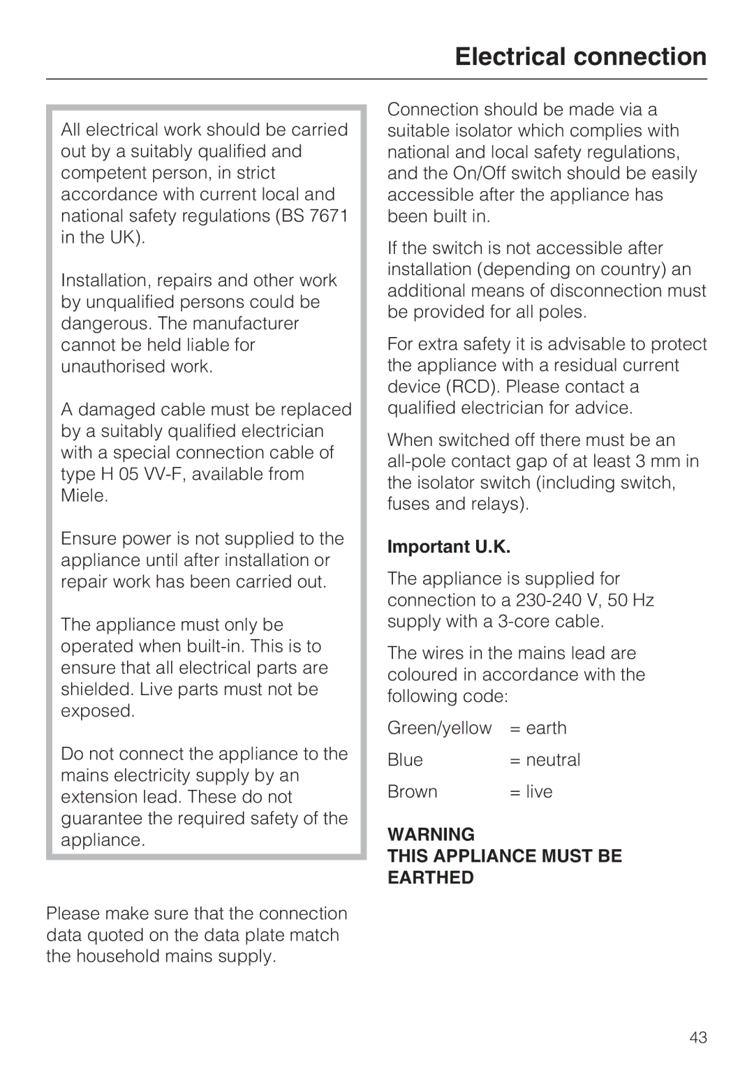 Miele KM 5950, KM 5940 installation instructions Electrical connection, Important U.K 