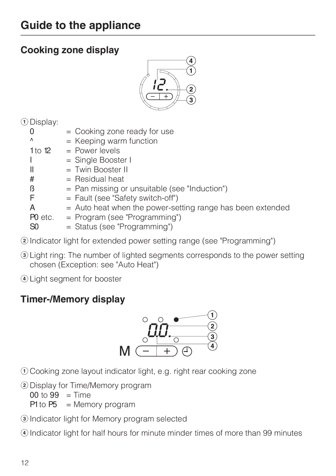 Miele KM 5993, KM 5987 installation instructions Cooking zone display, Timer-/Memory display 