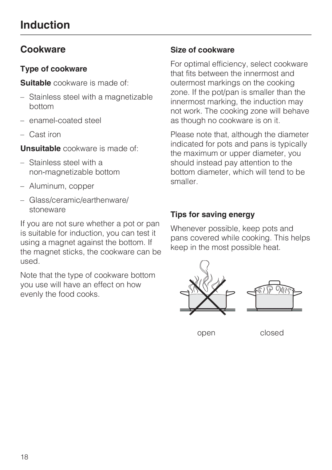 Miele KM 5993, KM 5987 installation instructions Cookware, Type of cookware, Size of cookware, Tips for saving energy 