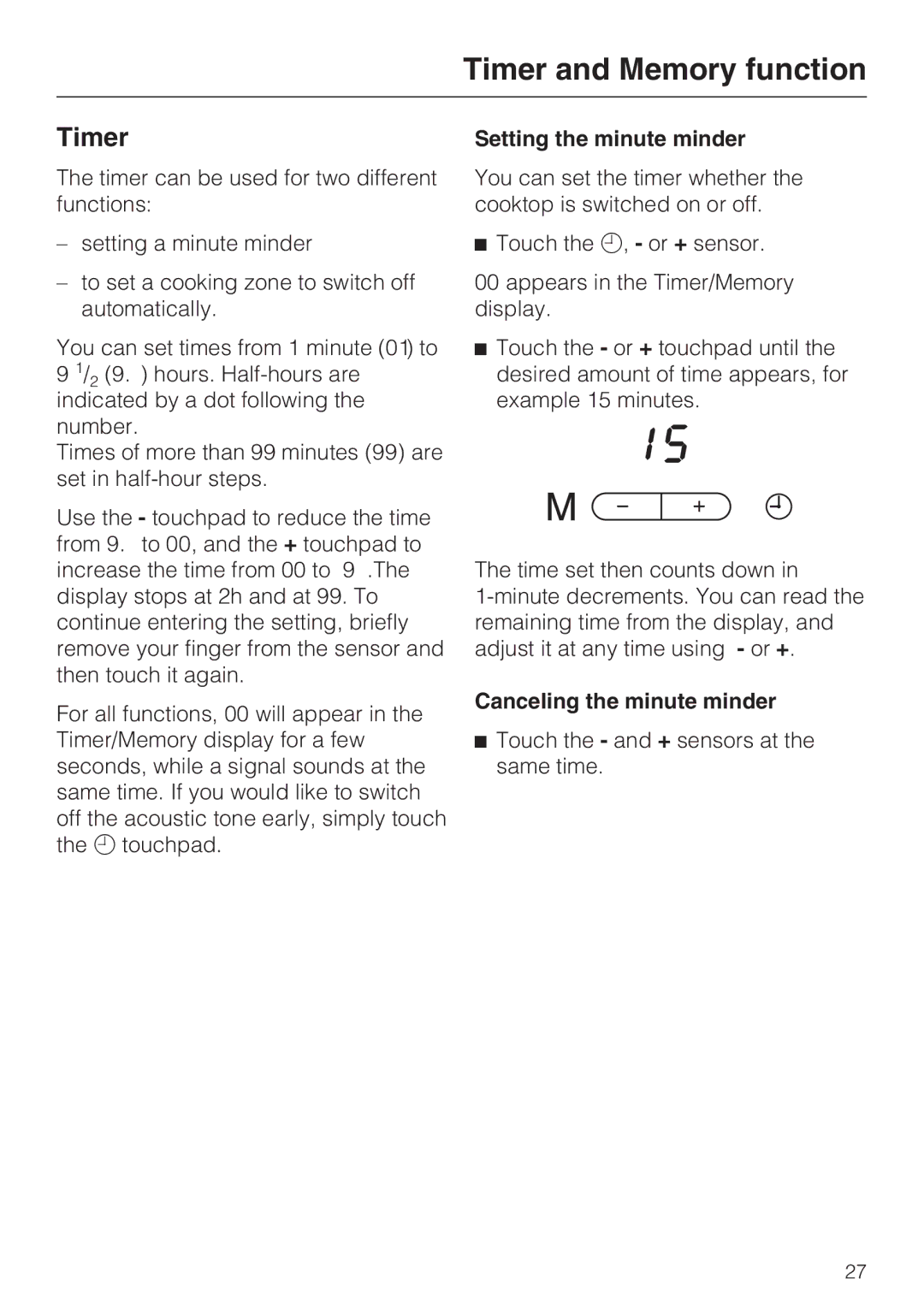 Miele KM 5987, KM 5993 Timer and Memory function, Setting the minute minder, Canceling the minute minder 