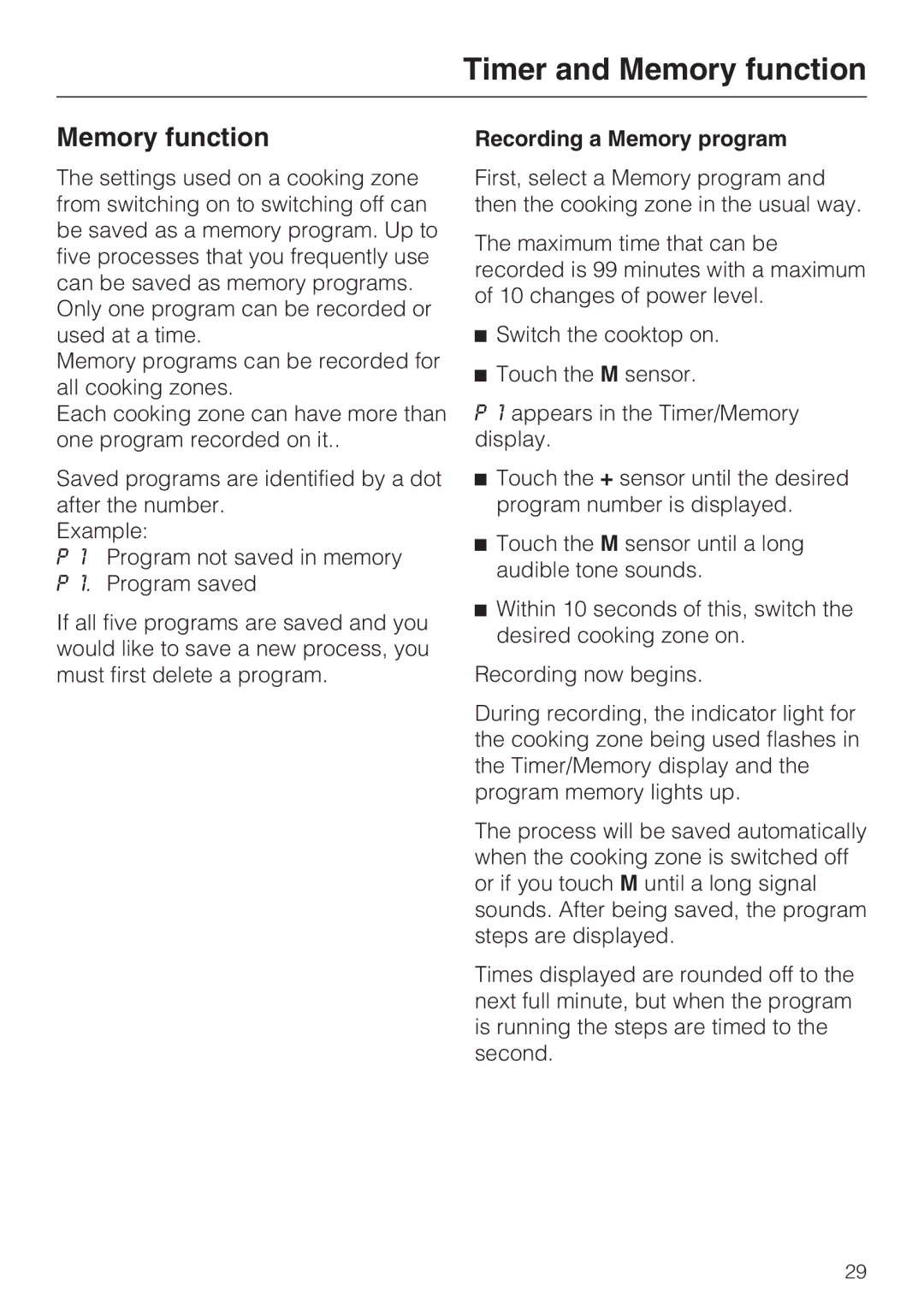 Miele KM 5987, KM 5993 installation instructions Memory function, Recording a Memory program 