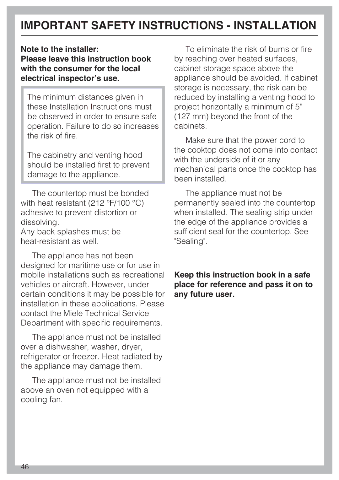 Miele KM 5993, KM 5987 installation instructions Important Safety Instructions Installation 