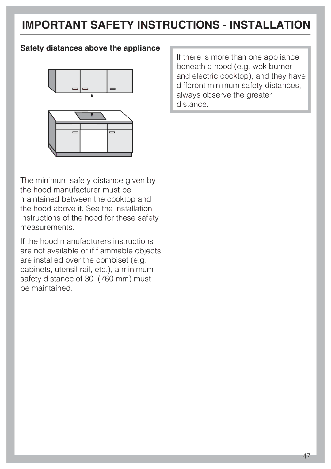 Miele KM 5987, KM 5993 installation instructions Safety distances above the appliance 