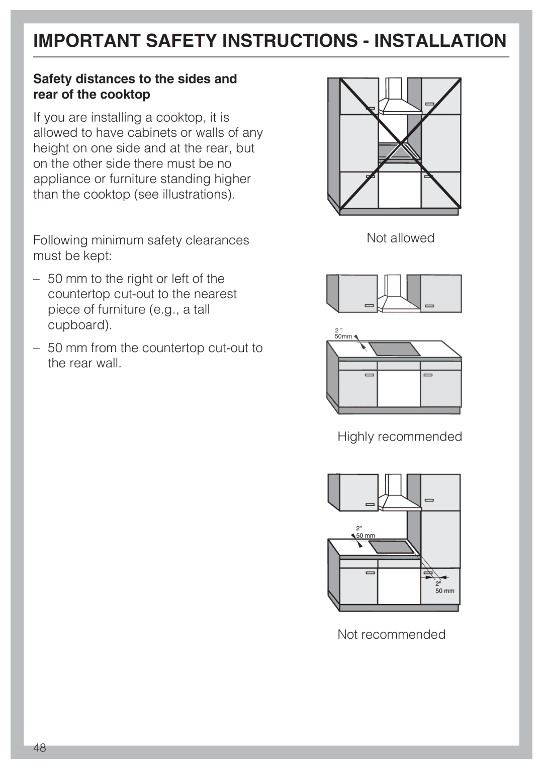 Miele KM 5993, KM 5987 installation instructions Safety distances to the sides and rear of the cooktop 