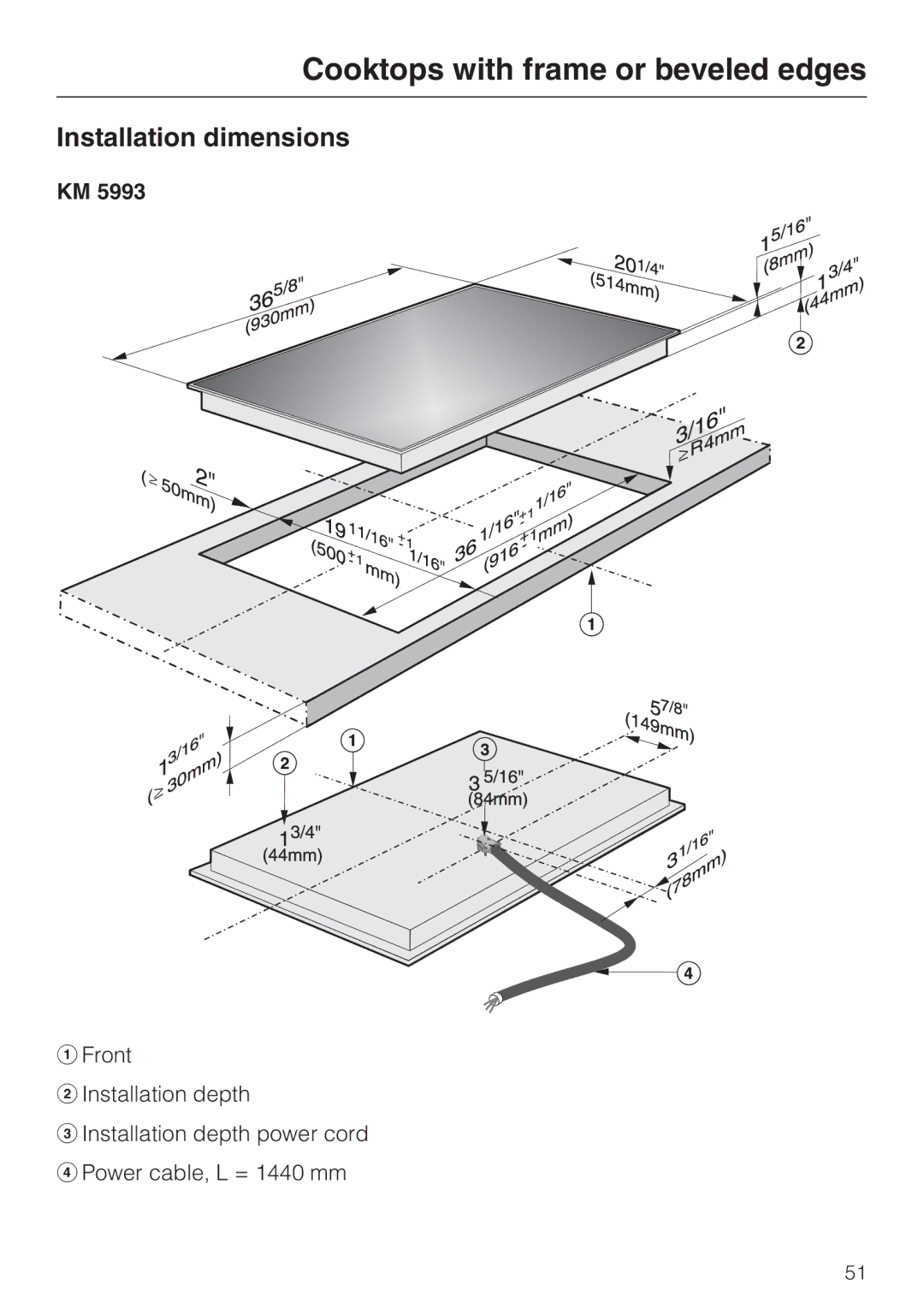 Miele KM 5987, KM 5993 installation instructions Cooktops with frame or beveled edges, Installation dimensions 