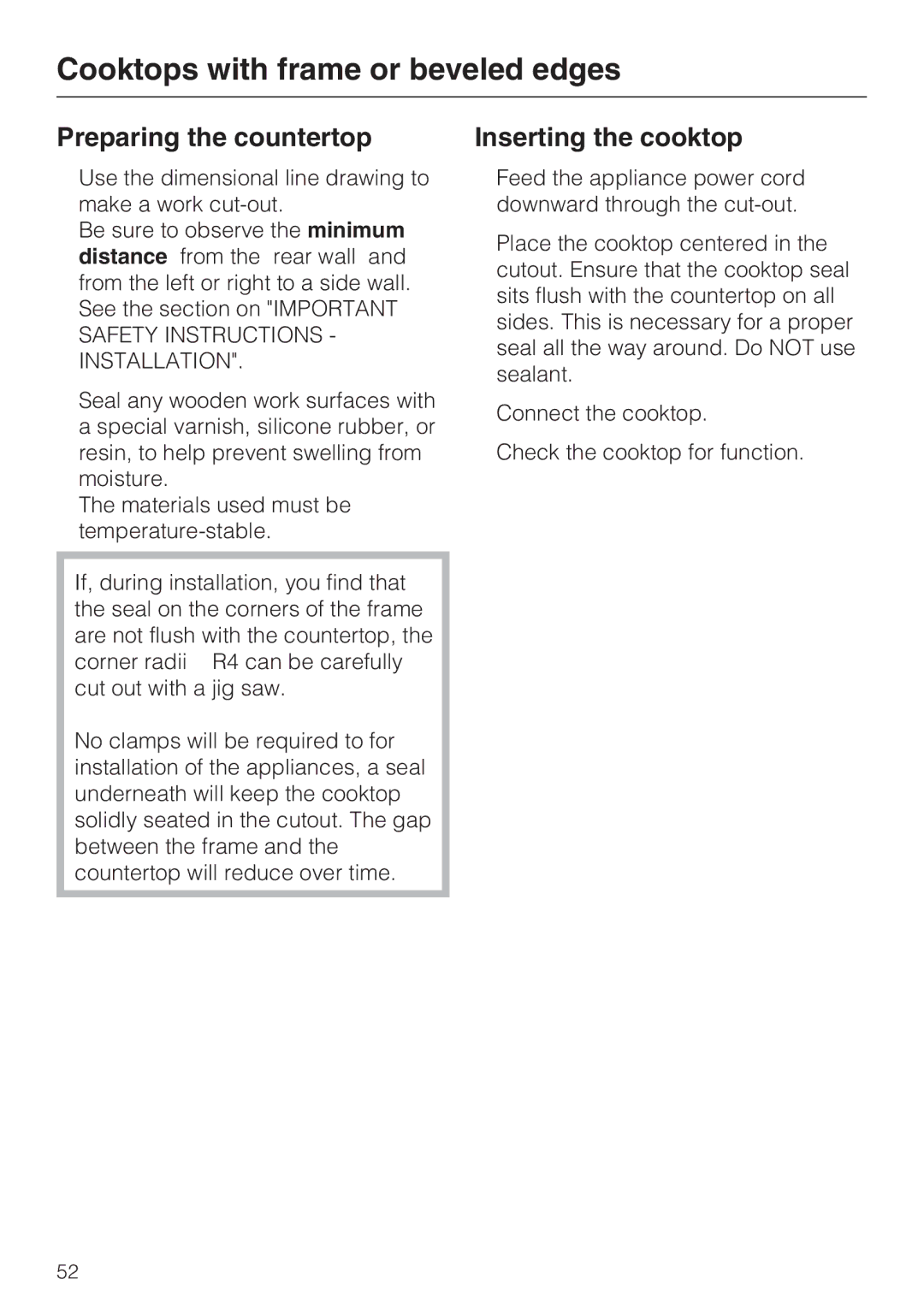 Miele KM 5993, KM 5987 installation instructions Preparing the countertop, Inserting the cooktop 