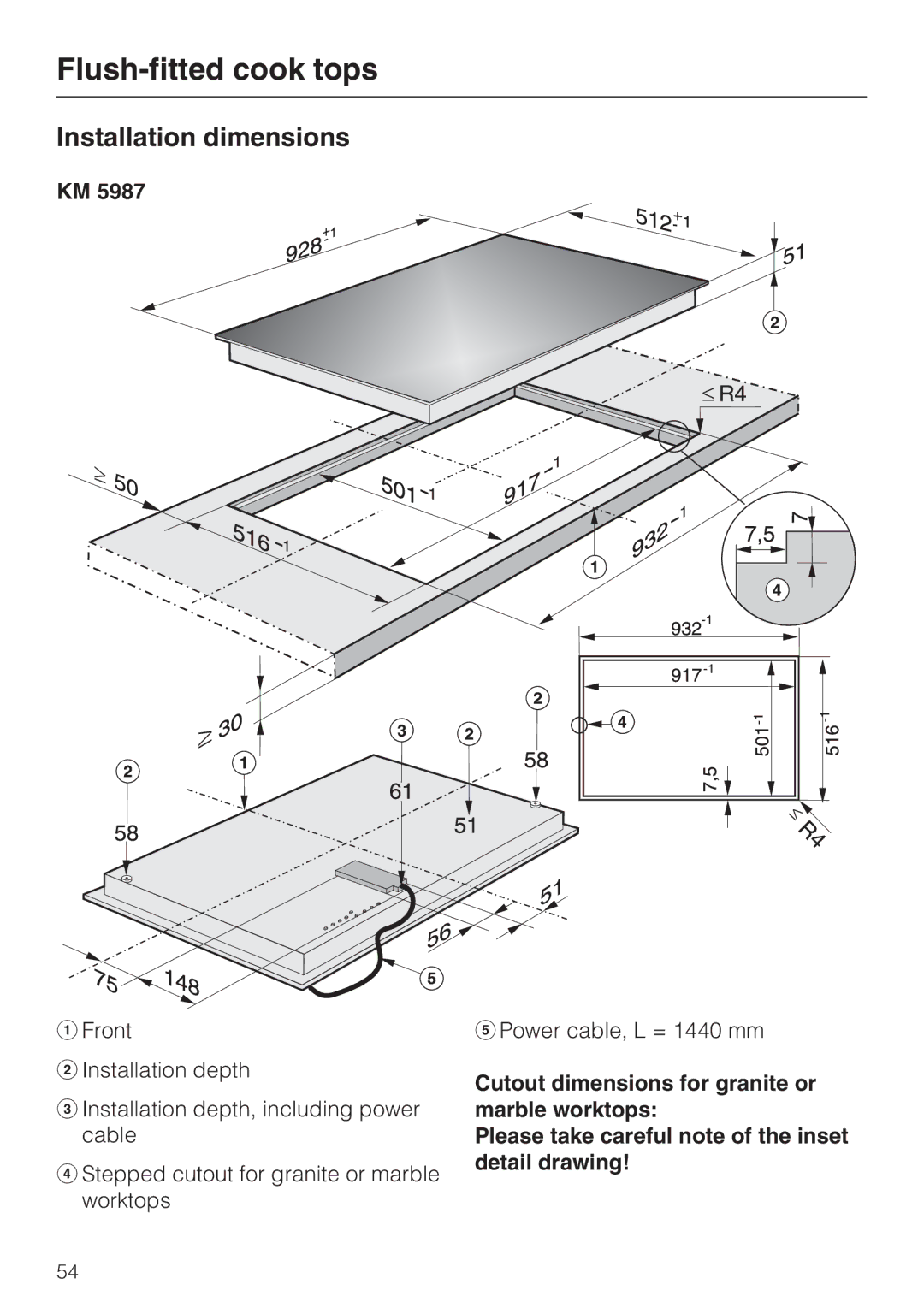 Miele KM 5993, KM 5987 installation instructions Flush-fitted cook tops, Installation dimensions 