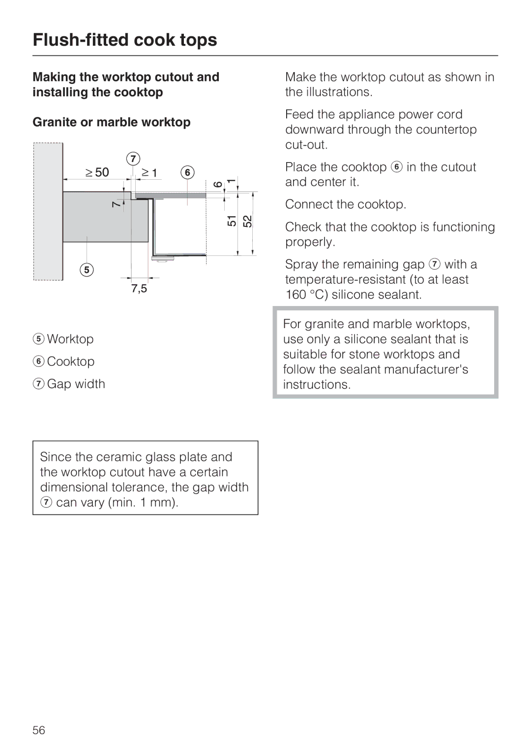 Miele KM 5993, KM 5987 installation instructions Flush-fitted cook tops 