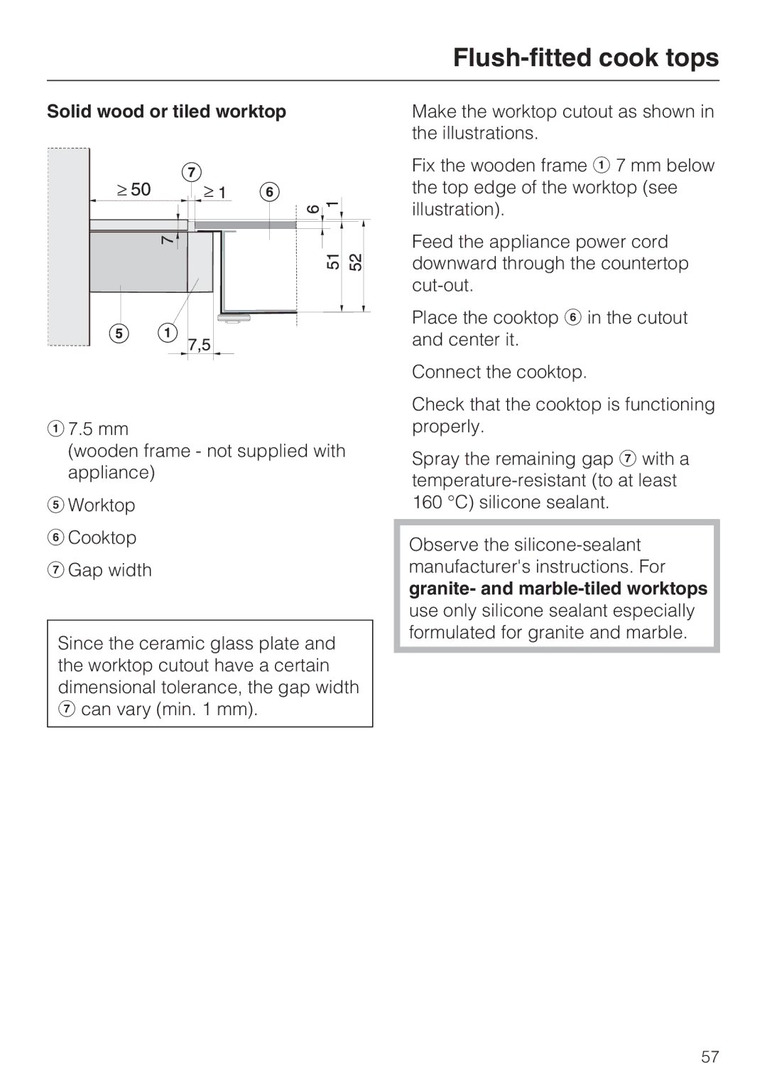 Miele KM 5987, KM 5993 installation instructions Solid wood or tiled worktop 