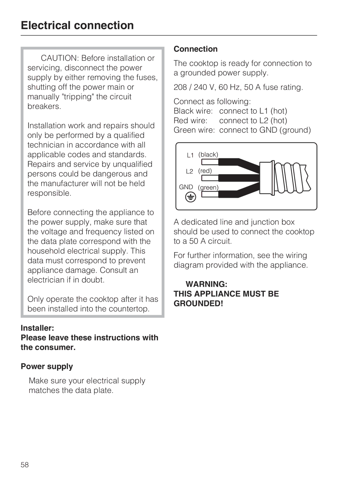 Miele KM 5993, KM 5987 installation instructions Electrical connection, Connection 