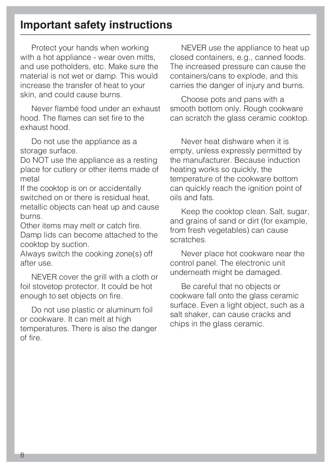 Miele KM 5993, KM 5987 installation instructions Important safety instructions 