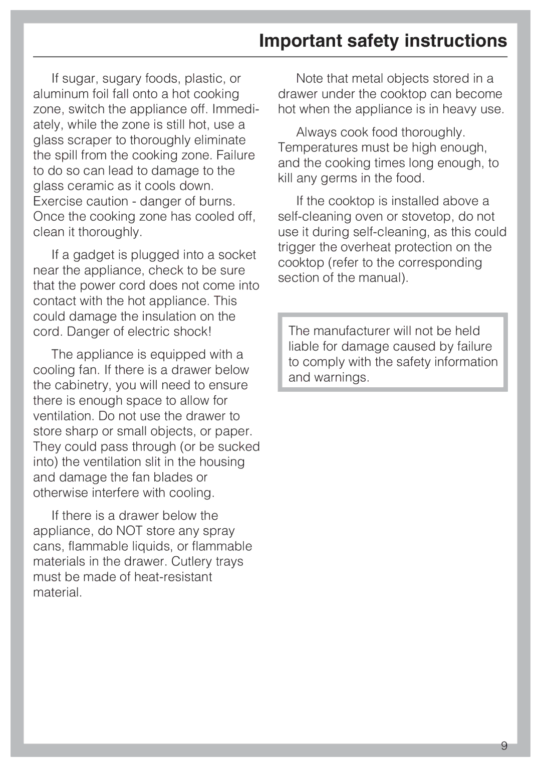 Miele KM 5987, KM 5993 installation instructions Important safety instructions 