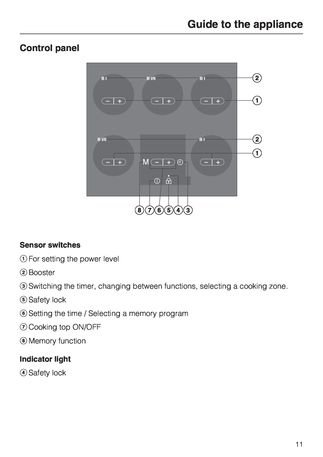 Miele KM 5987, KM 5993 installation instructions Control panel, Sensor switches, Indicator light, Guide to the appliance 