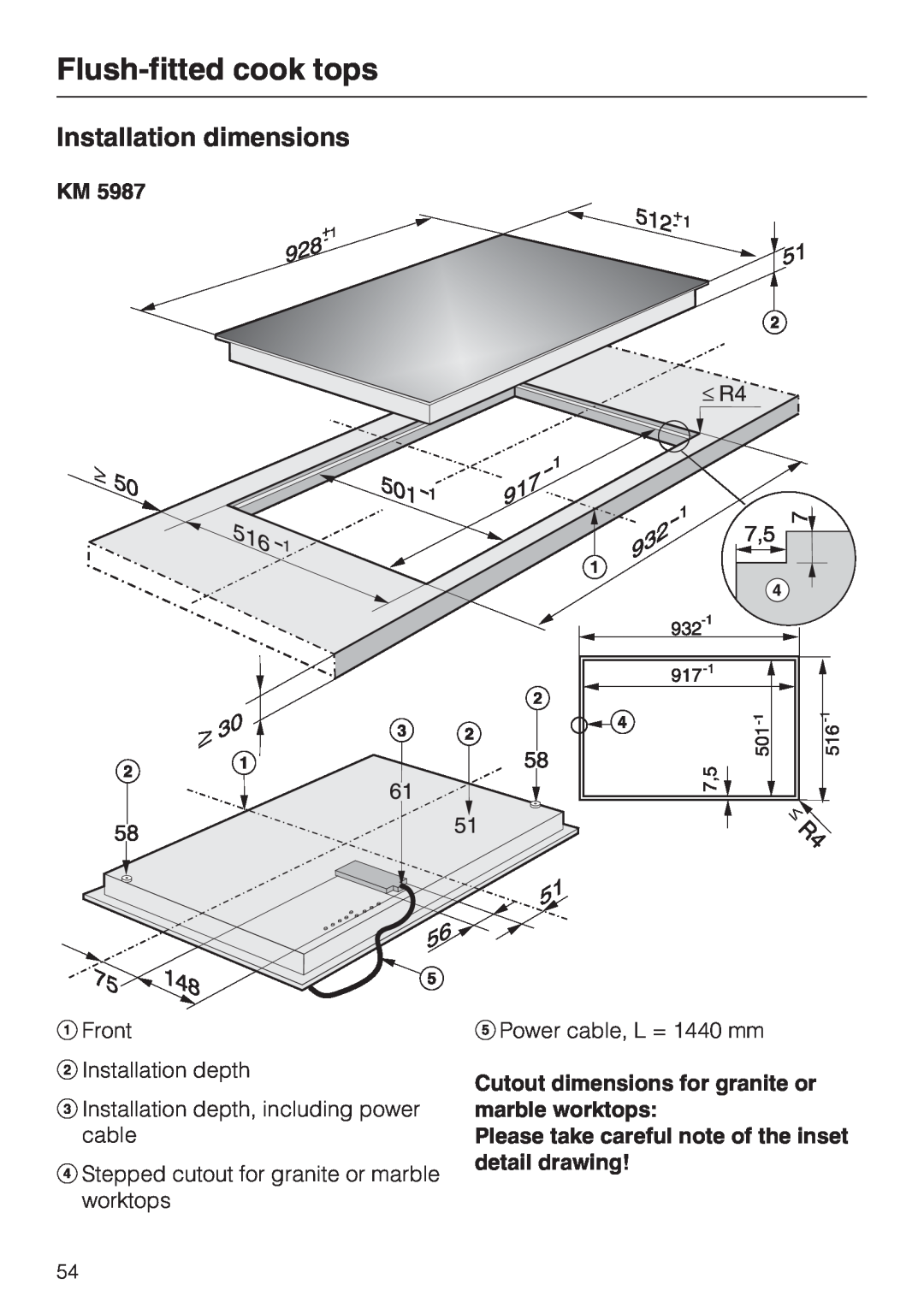 Miele KM 5993, KM 5987 Flush-fittedcook tops, Cutout dimensions for granite or marble worktops, Installation dimensions 