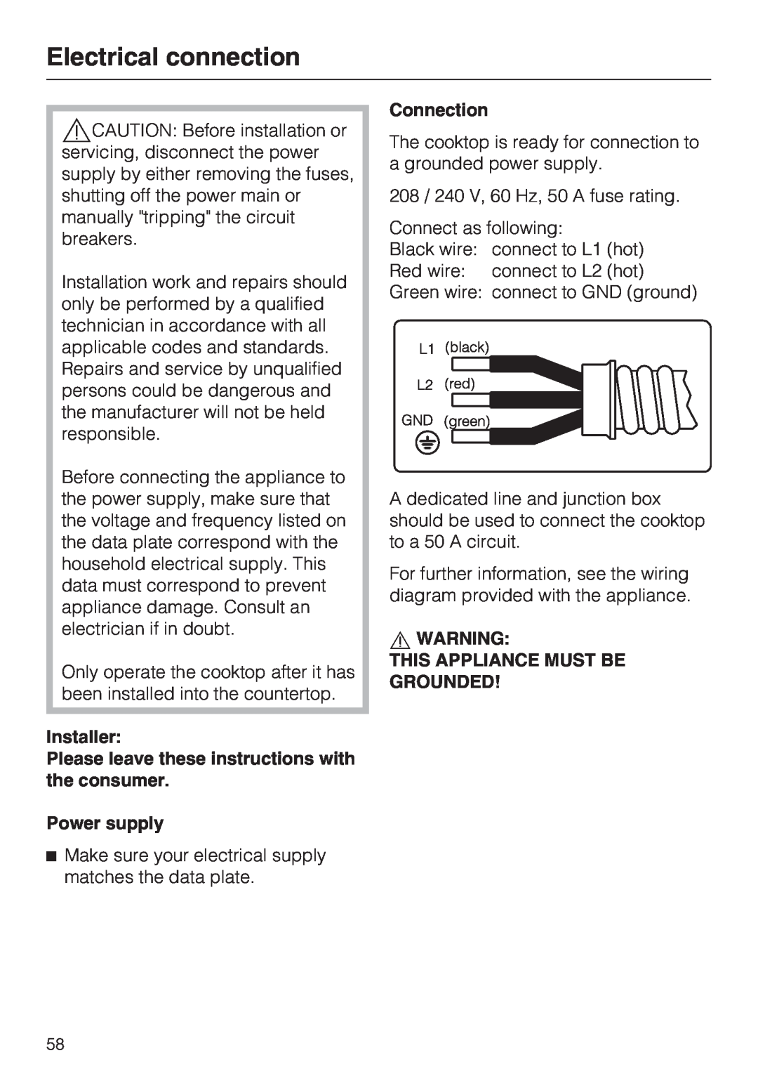Miele KM 5993, KM 5987 Electrical connection, Installer, Please leave these instructions with the consumer, Power supply 