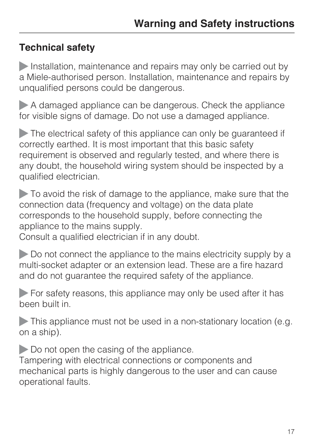 Miele KM 6208, KM 6213, KM 6200, KM 6204, KM 6206, KM 6216, KM 6202, KM 6215, KM 6207, KM 6212, 6203 manual Technical safety 