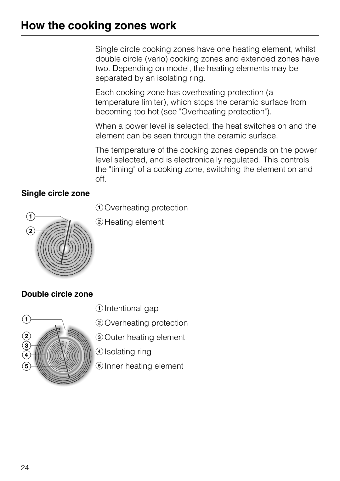 Miele KM 6213, KM 6200, KM 6204, KM 6206, KM 6216, KM 6208 How the cooking zones work, Single circle zone, Double circle zone 