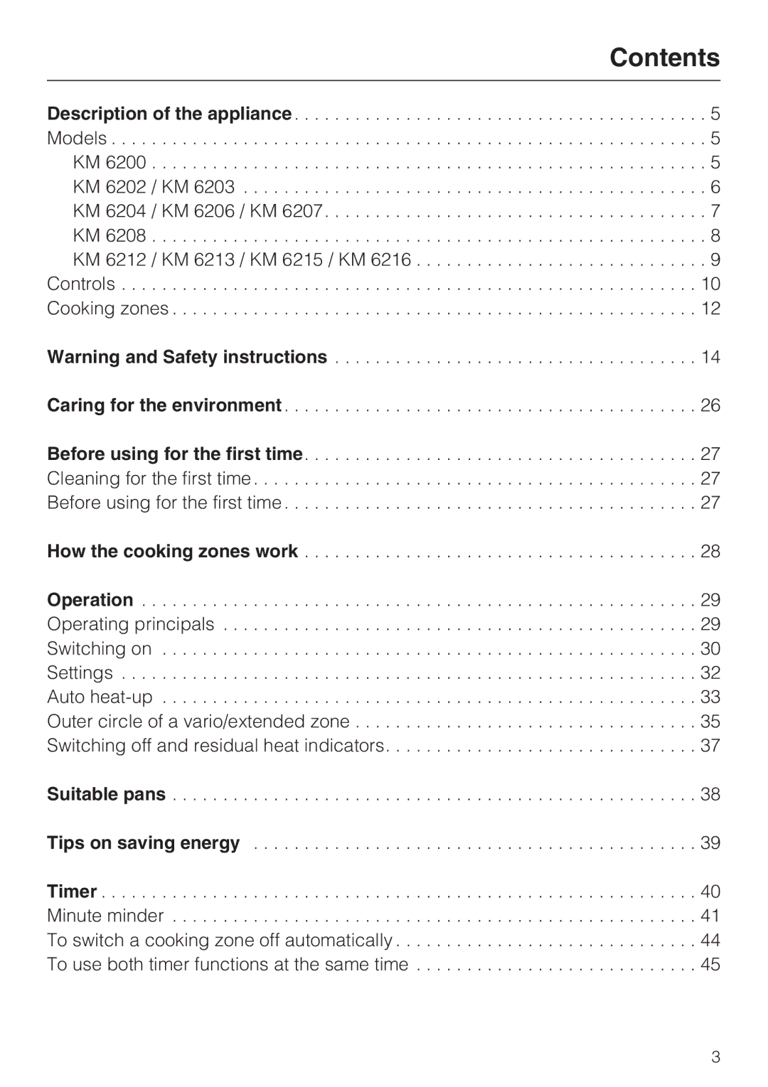 Miele KM 6206, KM 6213, KM 6200, KM 6204, KM 6216, KM 6208, KM 6202, KM 6215, KM 6207, KM 6212, 6203 manual Contents 