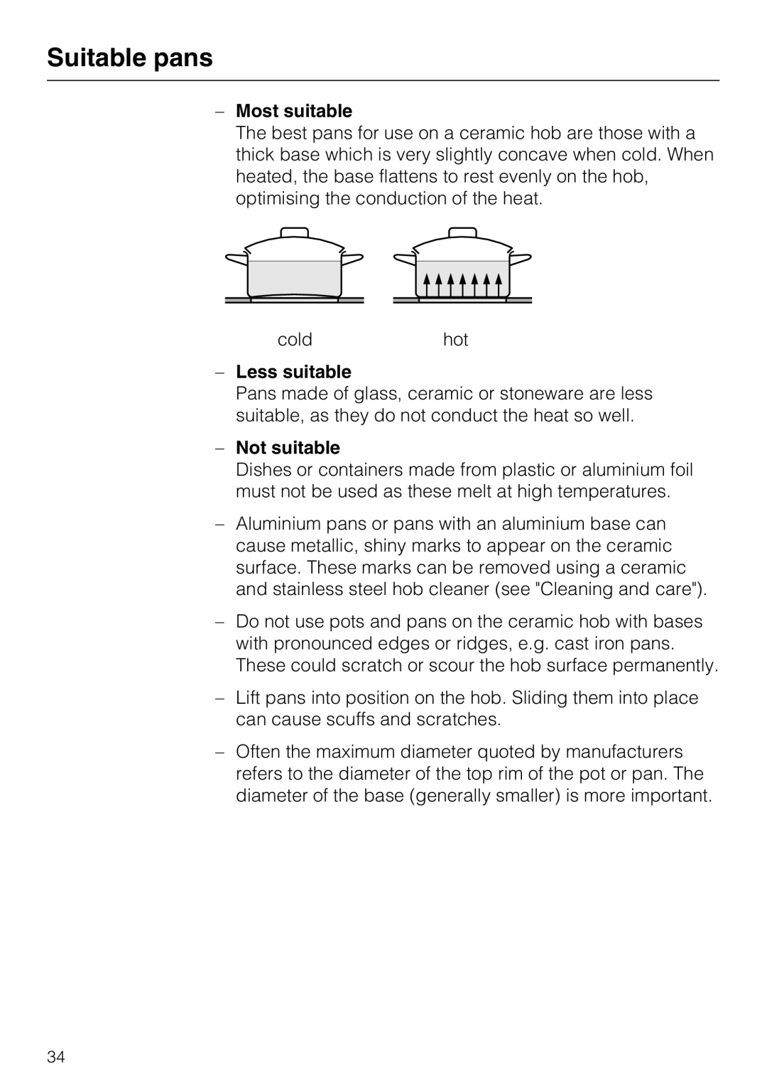 Miele KM 6213, KM 6200, KM 6204, KM 6206, KM 6216, KM 6208, 6203 Suitable pans, Most suitable, Less suitable, Not suitable 