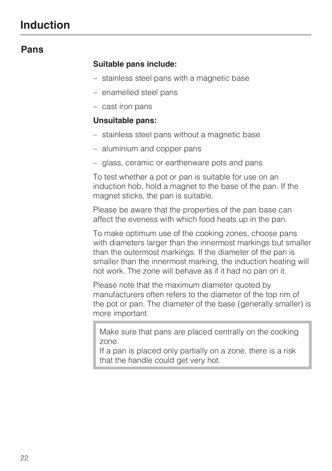 Miele KM 6314, KM 6340, KM 6342, KM 6317, KM 6318 installation instructions Pans, Suitable pans include, Unsuitable pans 