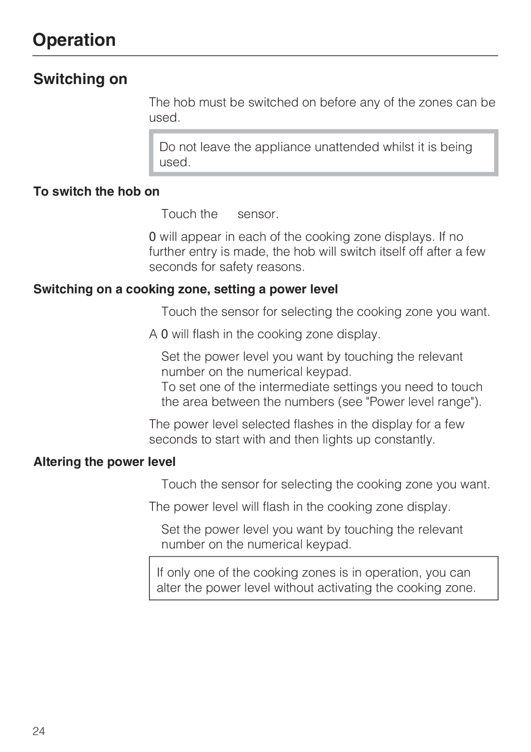 Miele KM 6318 To switch the hob on, Switching on a cooking zone, setting a power level, Altering the power level 