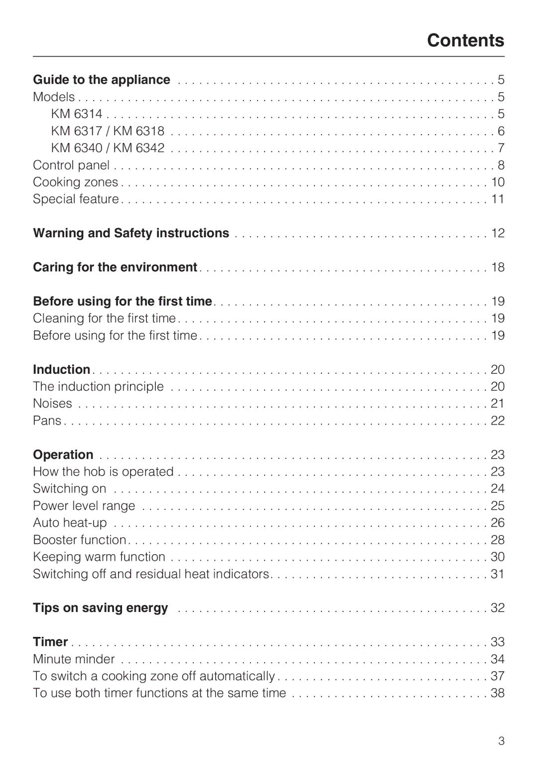 Miele KM 6317, KM 6340, KM 6342, KM 6314, KM 6318 installation instructions Contents 