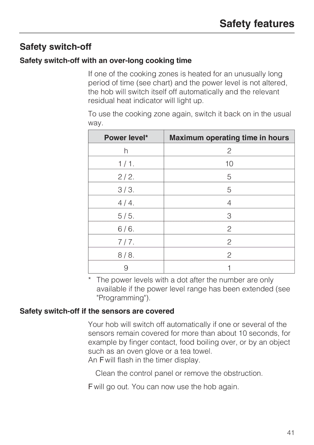 Miele KM 6342, KM 6340 Safety switch-off with an over-long cooking time, Power level Maximum operating time in hours 