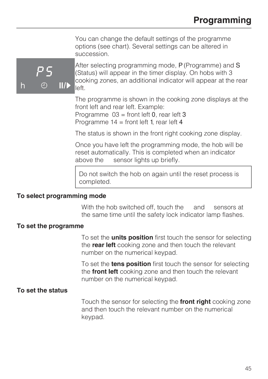 Miele KM 6340, KM 6342, KM 6314, KM 6317 Programming, To select programming mode, To set the programme, To set the status 