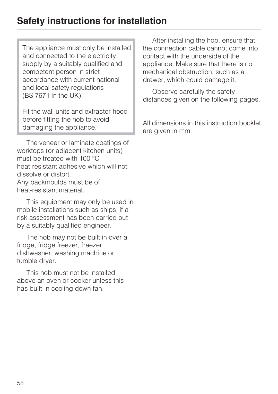 Miele KM 6317, KM 6340, KM 6342, KM 6314, KM 6318 installation instructions Safety instructions for installation 