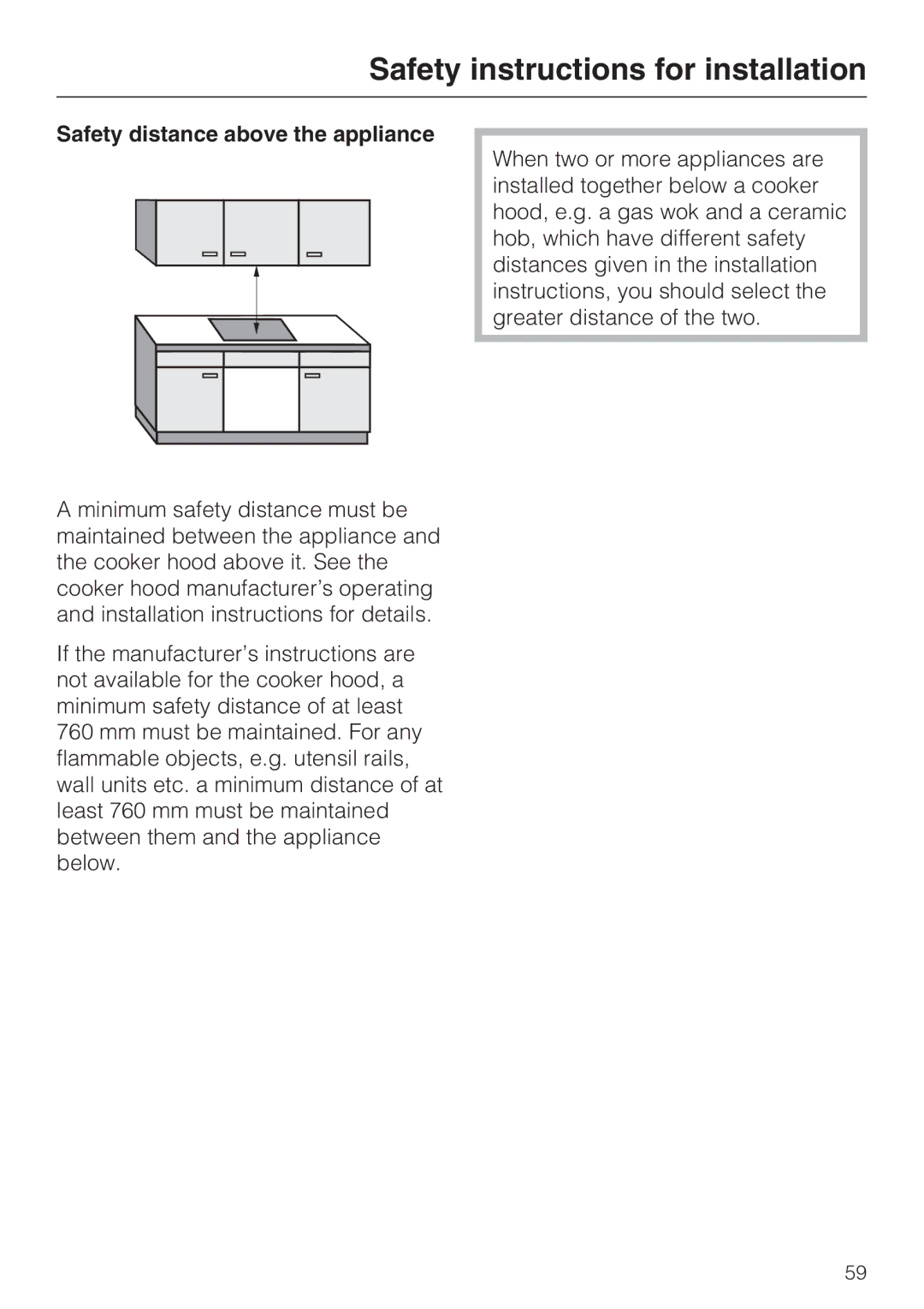 Miele KM 6318, KM 6340, KM 6342, KM 6314, KM 6317 installation instructions Safety distance above the appliance 