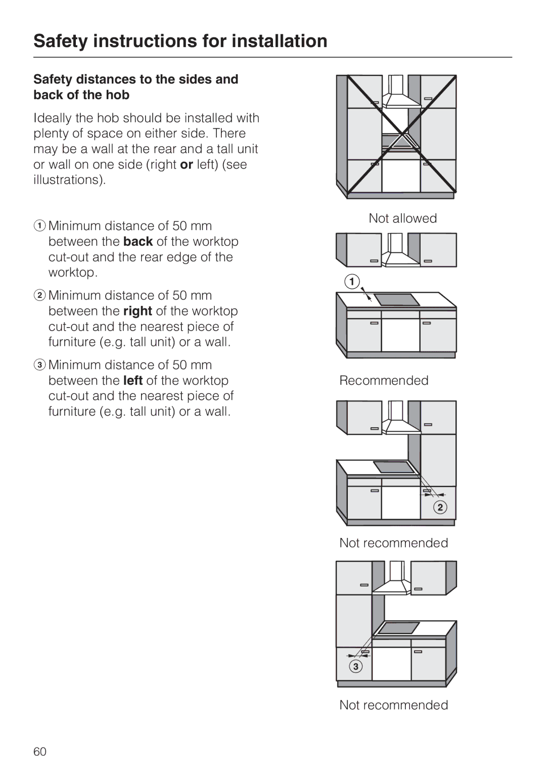 Miele KM 6340, KM 6342, KM 6314, KM 6317, KM 6318 installation instructions Safety distances to the sides and back of the hob 