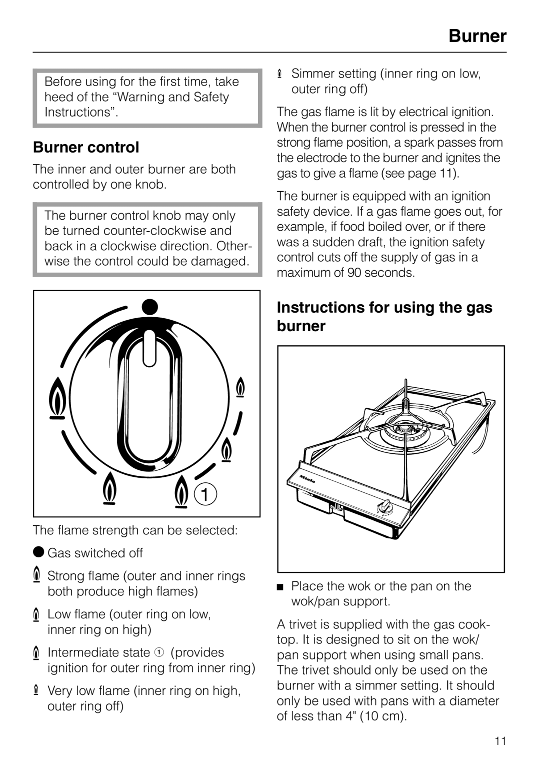 Miele KM 81-2 operating instructions Burner control 