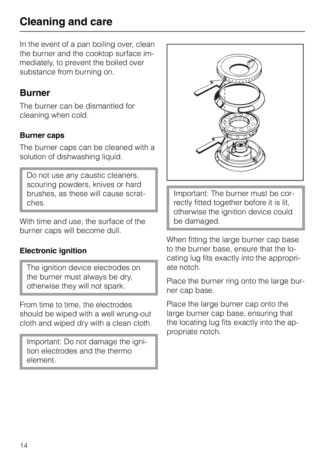 Miele KM 81-2 operating instructions Cleaning and care, Burner caps, Electronic ignition 