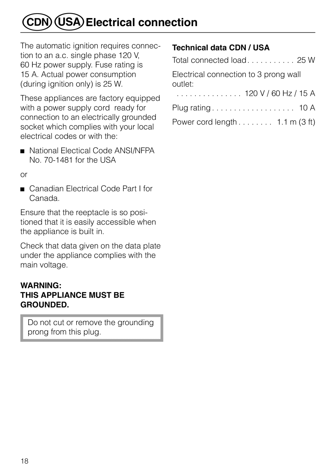 Miele KM 81-2 operating instructions ÖElectrical connection, Technical data CDN / USA 