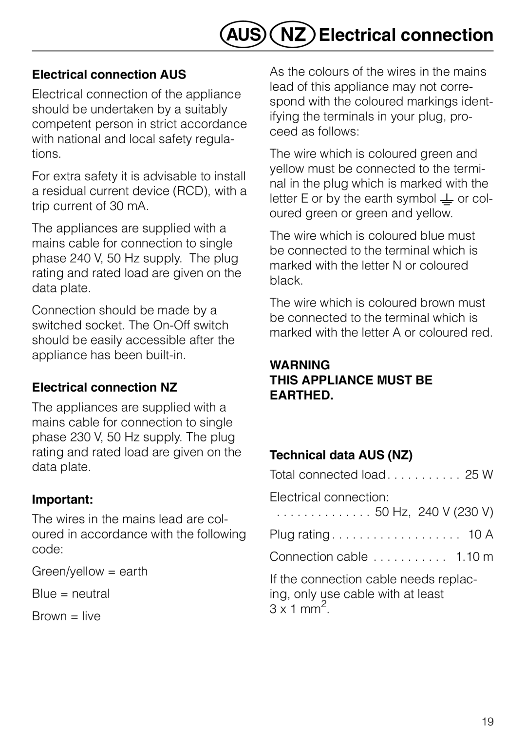 Miele KM 81-2 @äElectrical connection, Electrical connection AUS, Electrical connection NZ, Technical data AUS NZ 