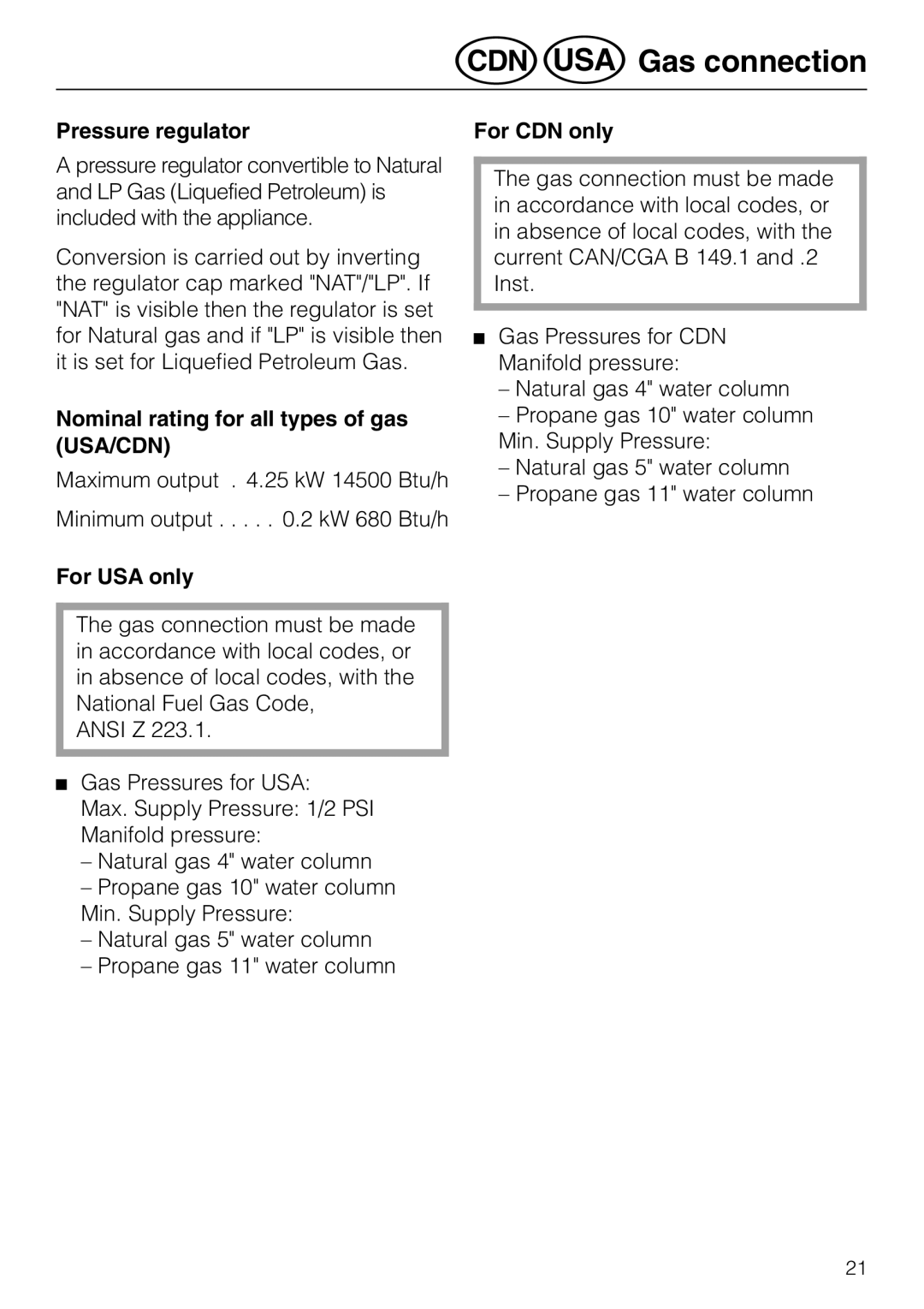 Miele KM 81-2 Pressure regulator For CDN only, Nominal rating for all types of gas USA/CDN, For USA only 