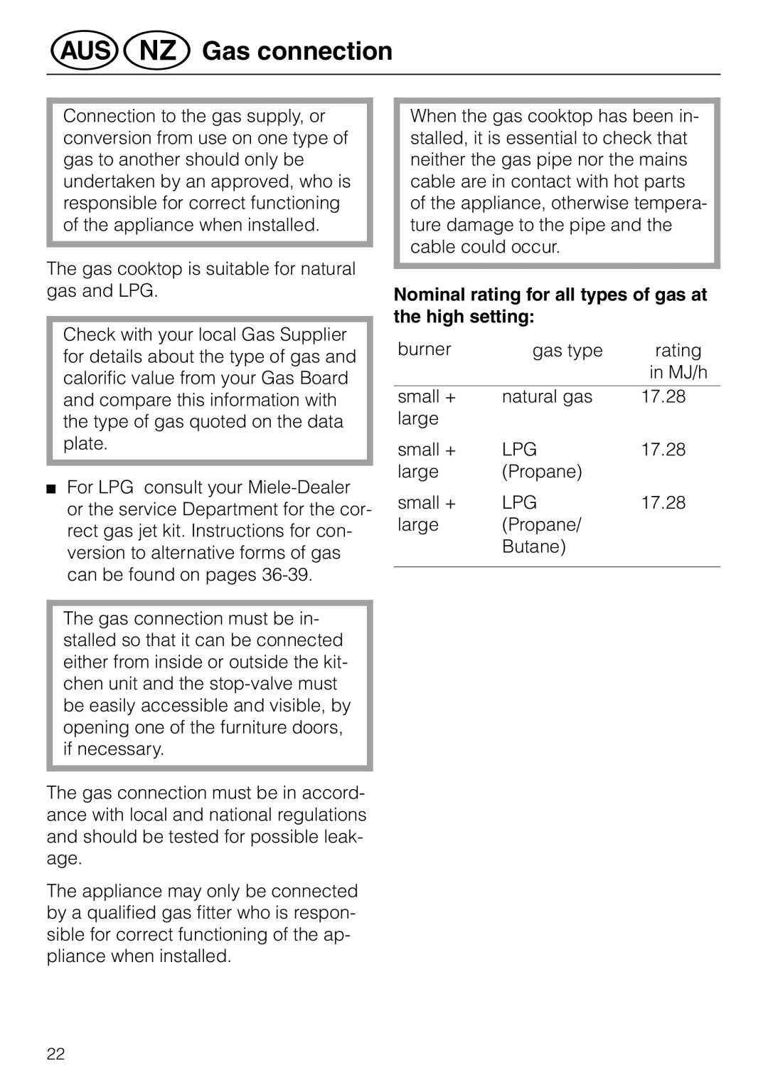 Miele KM 81-2 operating instructions @äGas connection, Nominal rating for all types of gas at the high setting 