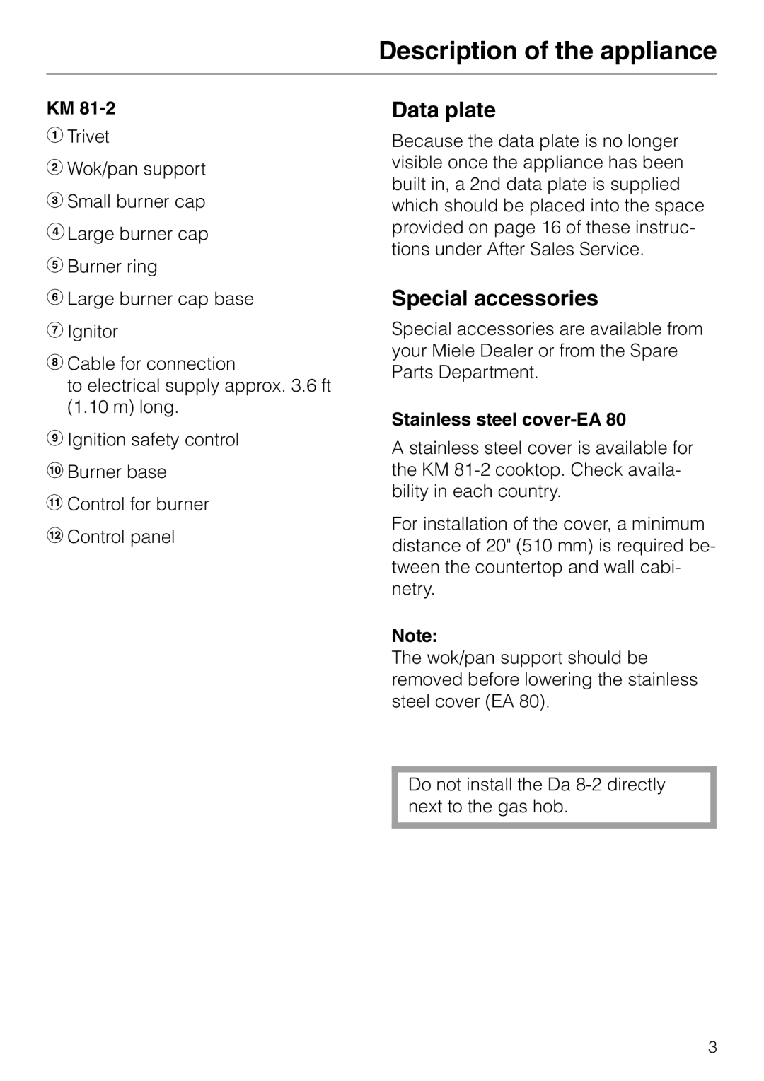 Miele KM 81-2 operating instructions Data plate, Stainless steel cover-EA 