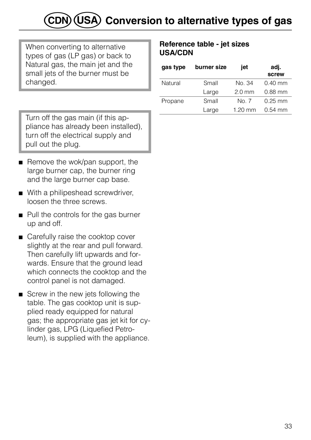 Miele KM 81-2 operating instructions ÖConversion to alternative types of gas, Reference table jet sizes 