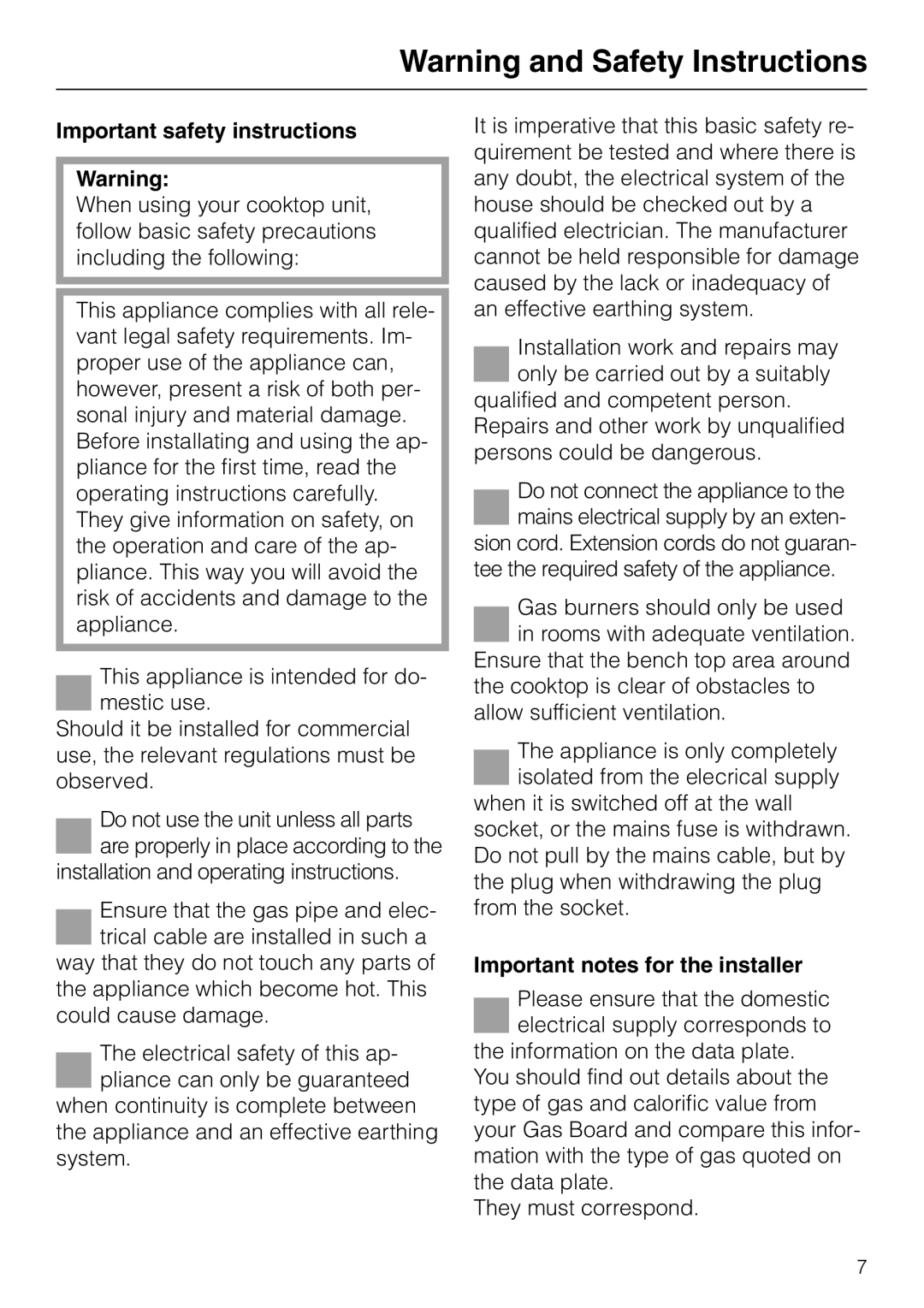 Miele KM 81-2 operating instructions Important safety instructions, Important notes for the installer 