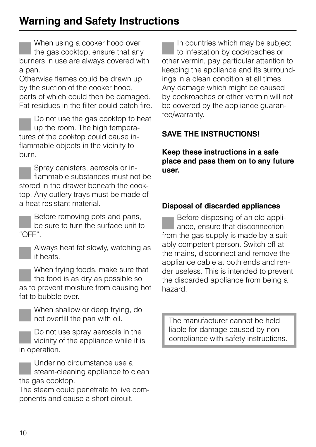 Miele KM 81-2 Save The Instructions, Disposal of discarded appliances, Warning and Safety Instructions 
