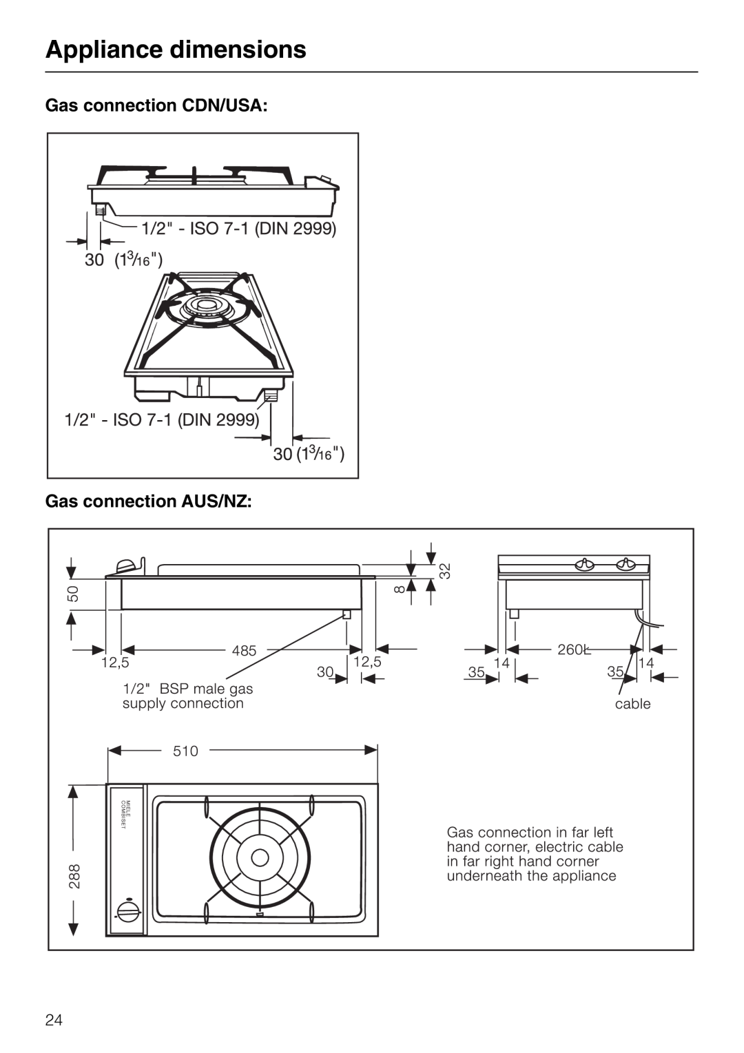 Miele KM 81-2 operating instructions Gas connection CDN/USA Gas connection AUS/NZ, Appliance dimensions 