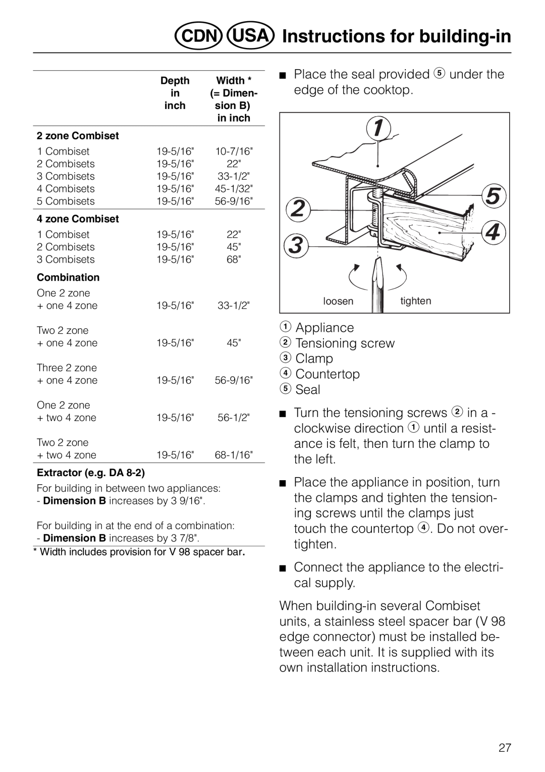 Miele KM 81-2 operating instructions öInstructions for building-in, bAppliance cTensioning screw d Clamp 