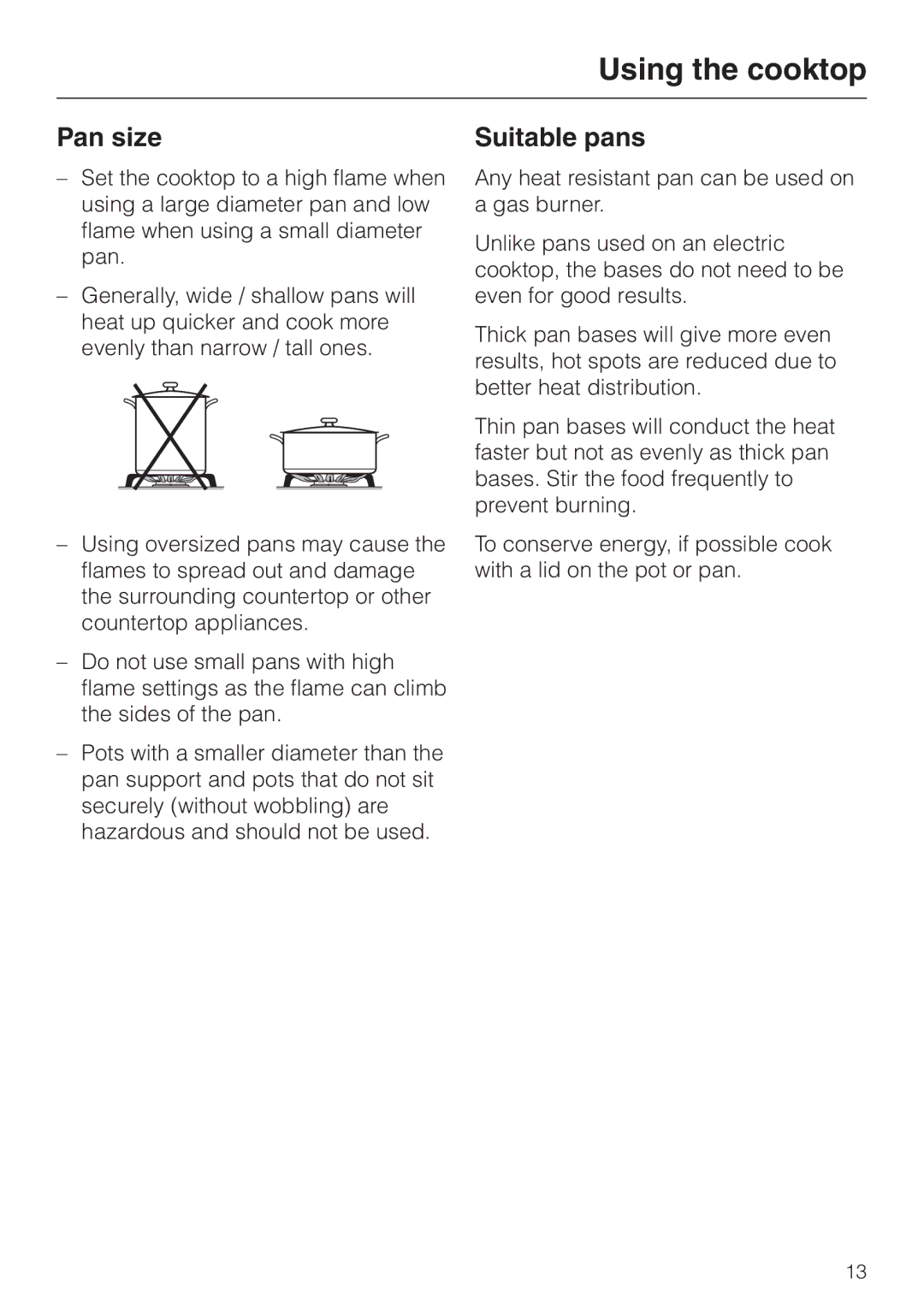 Miele KM360G operating instructions Pan size, Suitable pans 