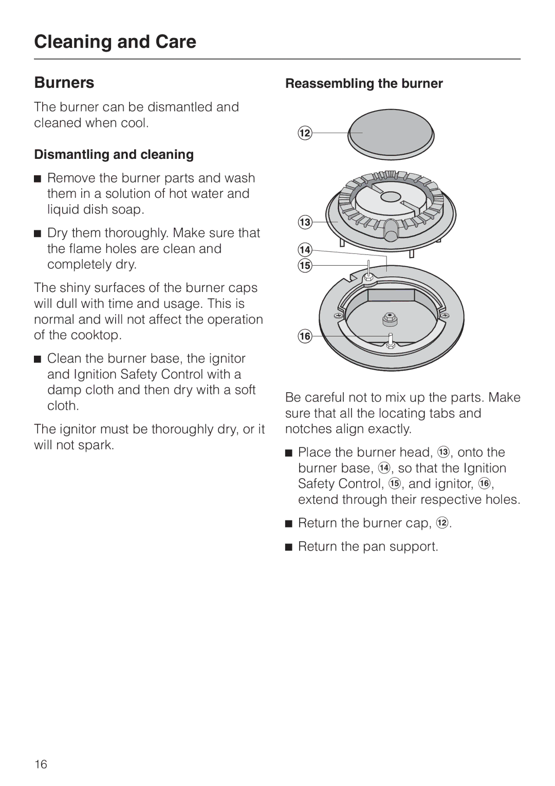 Miele KM360G operating instructions Burners, Dismantling and cleaning, Reassembling the burner 