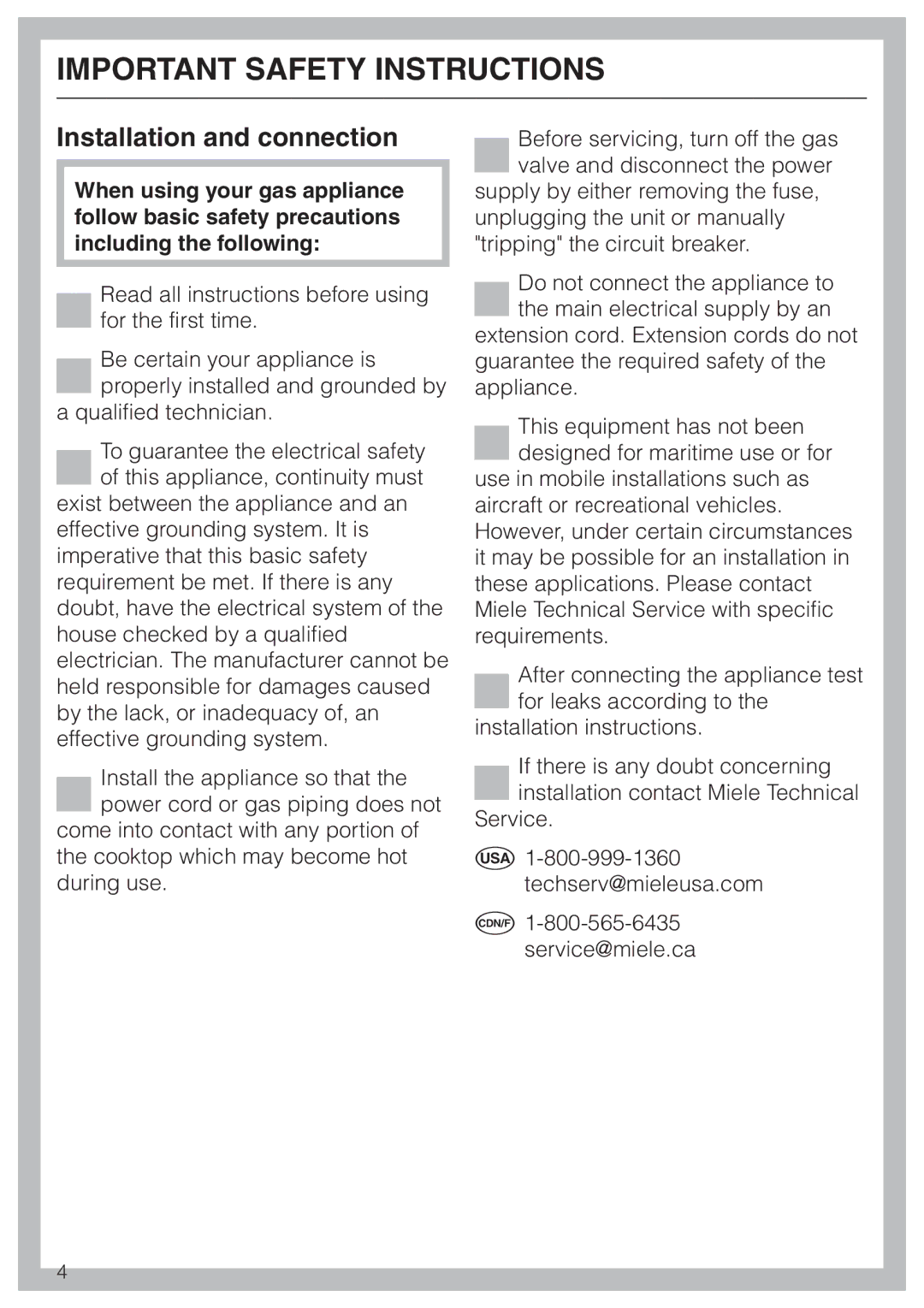 Miele KM360G operating instructions Important Safety Instructions, Installation and connection 