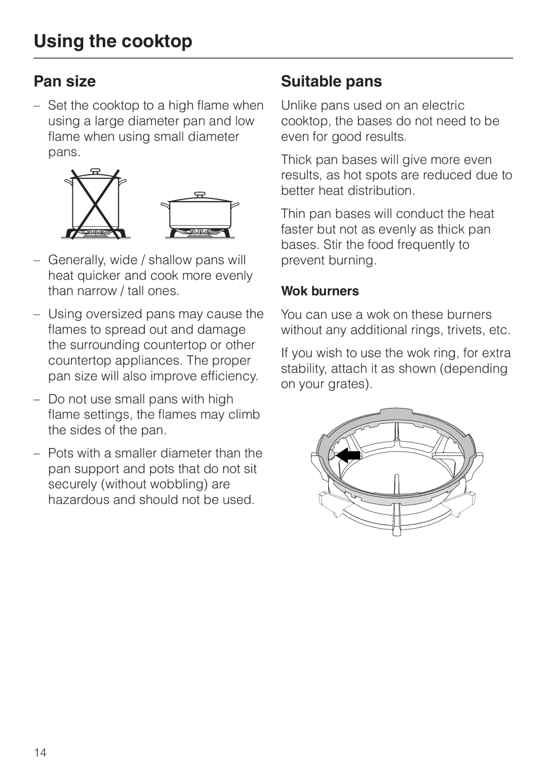 Miele KM391 operating instructions Pan size, Suitable pans, Wok burners 