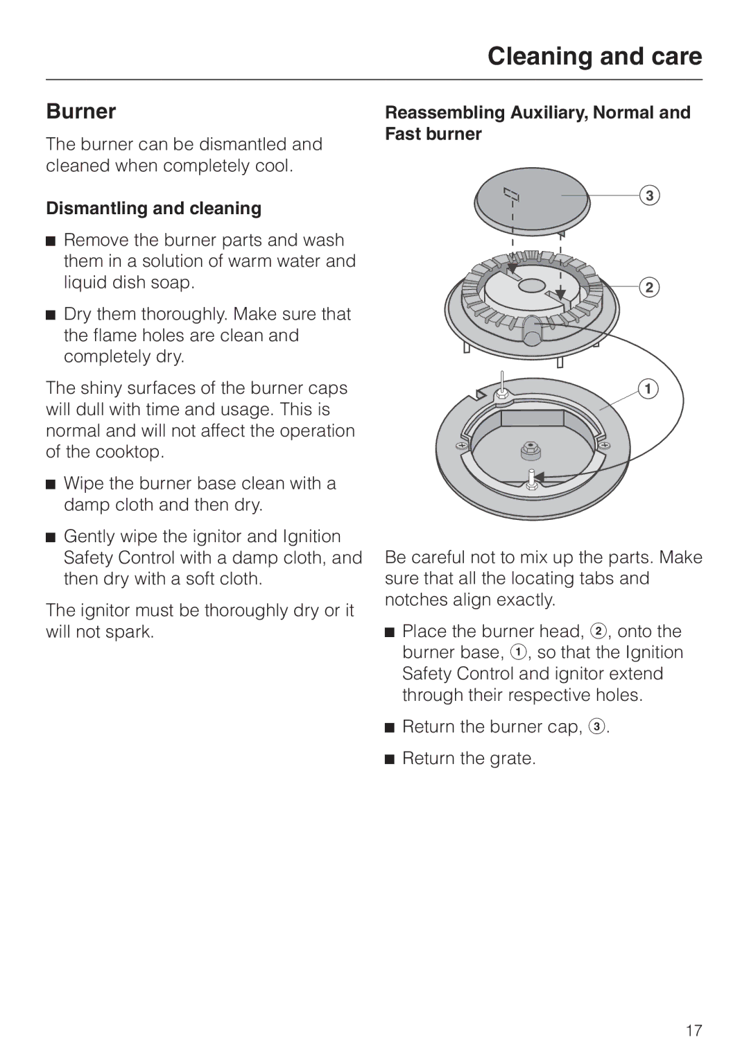 Miele KM391 operating instructions Burner, Dismantling and cleaning, Reassembling Auxiliary, Normal and Fast burner 